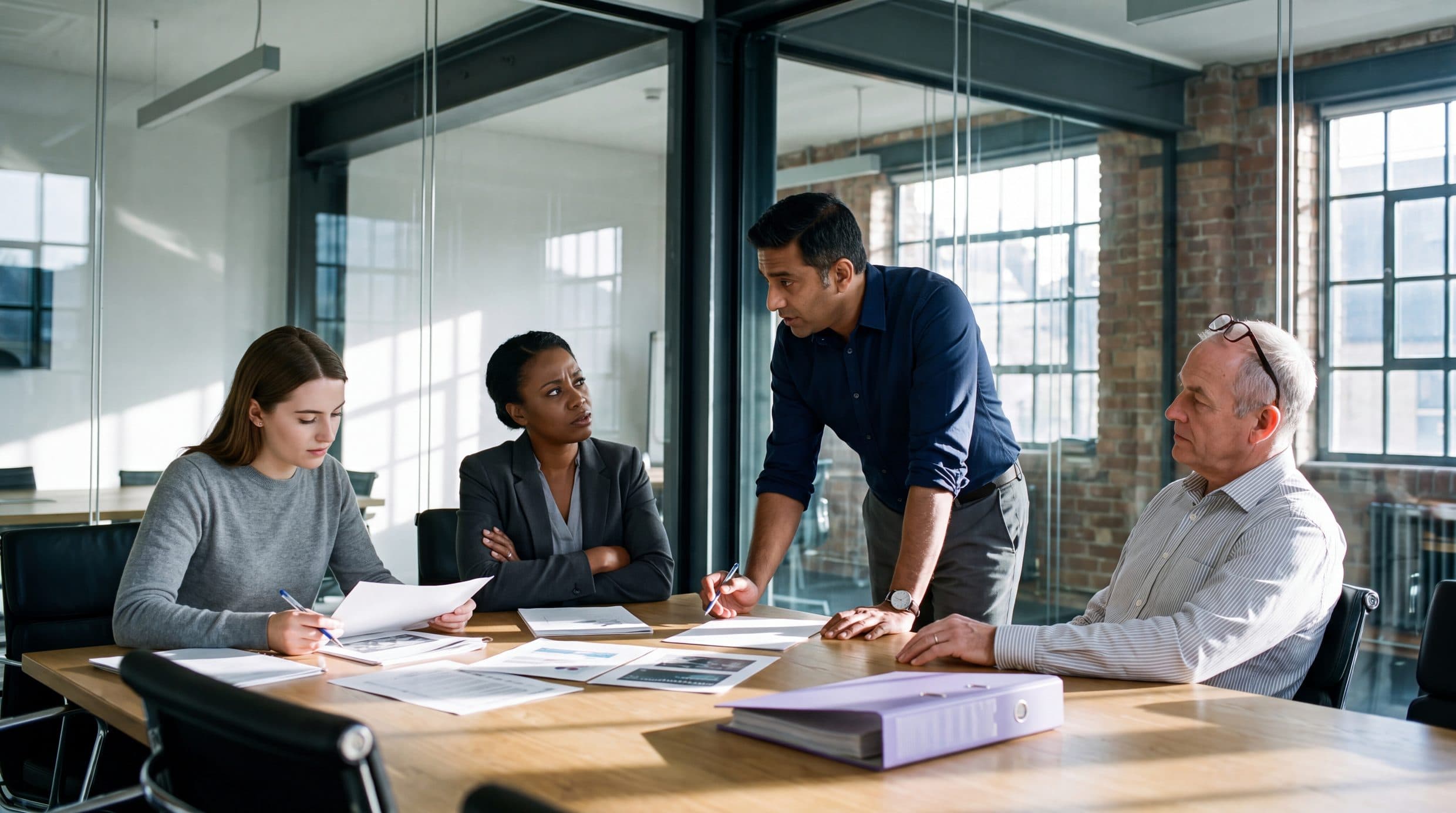 Four colleagues mid-working-session around a table in a glazed meeting room